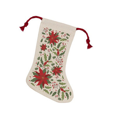 Purely Home Christmas Poinsettia Stocking - Novelty Xmas Gift/nature Decor Linen-Style With Red Drawstring Ties - image 1