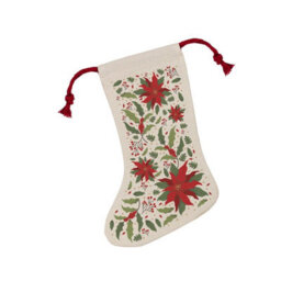 Purely Home Christmas Poinsettia Stocking - Novelty Xmas Gift/nature Decor Linen-Style With Red Drawstring Ties - thumbnail 2