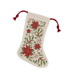 Purely Home Christmas Poinsettia Stocking - Novelty Xmas Gift/nature Decor Linen-Style With Red Drawstring Ties