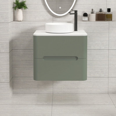 Royal Bathrooms Venice 600mm Sage Green Wall Mounted Bathroom Countertop Vanity Unit 2 Drawer With Art Basin - image 1