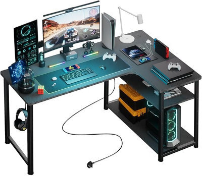 Comhoma L Shaped Gaming Desk, 110X80Cm Power Outlets Corner Computer Desk With Shelves, Headphone Hook For Home Office, Black - image 1