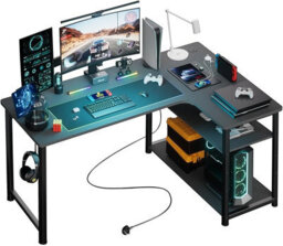 Comhoma L Shaped Gaming Desk, 110X80Cm Power Outlets Corner Computer Desk With Shelves, Headphone Hook For Home Office, Black - thumbnail 1