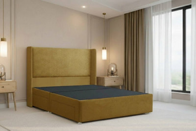 "Nexus Portofino Mustard Plush Divan Bed Base No Drawers With 54"" Floor Standing Winged Headboard 6' Super King" - image 1