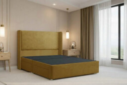 "Nexus Portofino Mustard Plush Divan Bed Base No Drawers With 54"" Floor Standing Winged Headboard 6' Super King" - thumbnail 1