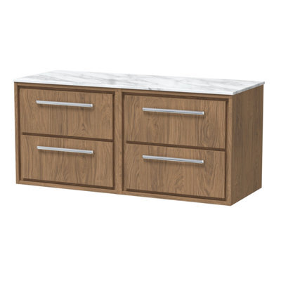 Hudson Reed Lille Wall Hung Four Drawer Contemporary Vanity Unit With Marble Worktop In Antique Oak, 1210 X 460mm - image 1