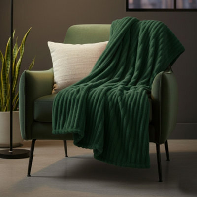 Chunky Ribbed Mink Throw Ultra Soft Warm Elegant Blanket For Sofa Or Bed Green - image 1