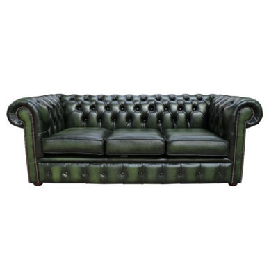 Chesterfield 3 Seater Antiquen Green Real Leather Tufted Buttoned Sofa In Classic Style - image 1