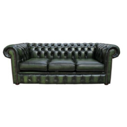 Chesterfield 3 Seater Antiquen Green Real Leather Tufted Buttoned Sofa In Classic Style