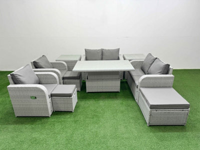 Fimous 9 Seater Outdoor Reclining Chair Love Sofa Set Rattan Garden Furniture Set Adjustable Lifting Table 3 Stools 2 Side Table - image 1