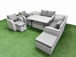 Fimous 9 Seater Outdoor Reclining Chair Love Sofa Set Rattan Garden Furniture Set Adjustable Lifting Table 3 Stools 2 Side Table - thumbnail 2