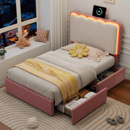 Btm 3Ft Upholstered Bed, Led Wavy Headboard, 2 Storage Drawers, Velvet Pink And Cream White - thumbnail 3