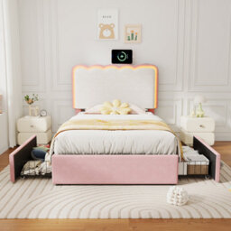 Btm 3Ft Upholstered Bed, Led Wavy Headboard, 2 Storage Drawers, Velvet Pink And Cream White - thumbnail 4