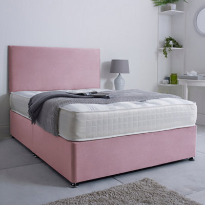 Bsspoke Ivy Divan Bed Set In Pink Plush Velvet With 24Inch Headboard & 2 Drawers Same Side & Mattress In All Sizes