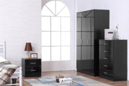 Reflect 3 Door Plain Wardrobe, 5 Drawer Chest, 2 Drawer Bedside - Black Gloss & Black Oak - Modern Bedroom Furniture Set - thumbnail 1