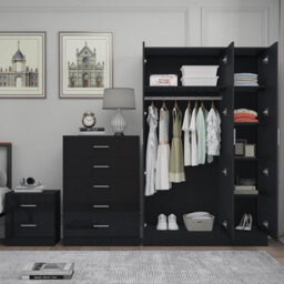 Reflect 3 Door Plain Wardrobe, 5 Drawer Chest, 2 Drawer Bedside - Black Gloss & Black Oak - Modern Bedroom Furniture Set - thumbnail 4