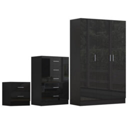 Reflect 3 Door Plain Wardrobe, 5 Drawer Chest, 2 Drawer Bedside - Black Gloss & Black Oak - Modern Bedroom Furniture Set - thumbnail 5
