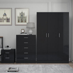 Reflect 3 Door Plain Wardrobe, 5 Drawer Chest, 2 Drawer Bedside - Black Gloss & Black Oak - Modern Bedroom Furniture Set - thumbnail 3