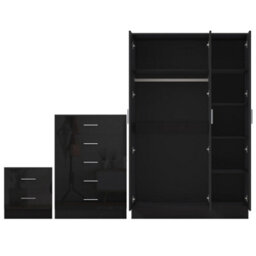 Reflect 3 Door Plain Wardrobe, 5 Drawer Chest, 2 Drawer Bedside - Black Gloss & Black Oak - Modern Bedroom Furniture Set - thumbnail 6