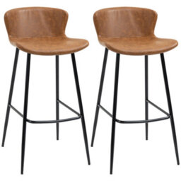 Wyld Haus Lorelu Loba Set Of 2 Faux Leather Brown Upholstered Bar Stools With Steel Legs And Footrest.
