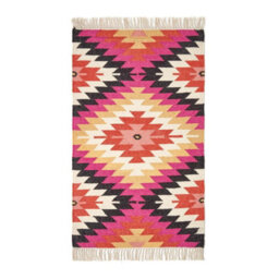 Homescapes Jakarta Handwoven Pink, Orange And Yellow Multi Coloured Geometric Pattern Kilim Wool Rug, 160 X 230 Cm - thumbnail 2