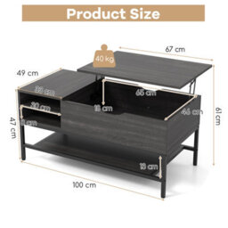 Costway Lift Top Coffee Table Living Room Center Table W/ Removable Shelf-Grey - thumbnail 3