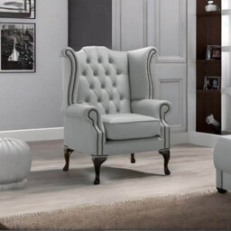 Chesterfield High Back Wing Chair Shelly Moon Mist Leather Bespoke In Queen Anne Style - thumbnail 2