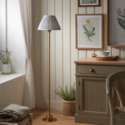 Luminosa Lighting Luminosa Burley Rechargeable Brushed Aged Brass Plate Floor Lamp With Shell Bay Blue Fabric Leaf Shade 30Cm Integrated Led - thumbnail 3