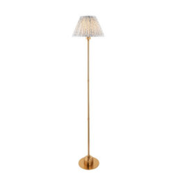 Luminosa Lighting Luminosa Burley Rechargeable Brushed Aged Brass Plate Floor Lamp With Shell Bay Blue Fabric Leaf Shade 30Cm Integrated Led