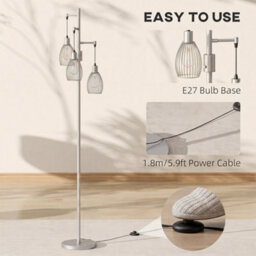 Homcom Industrial 3-Light Floor Lamp Dimmable Led Standing Lamp, Silver Tone - thumbnail 7