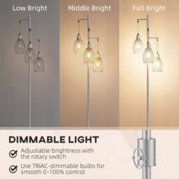 Homcom Industrial 3-Light Floor Lamp Dimmable Led Standing Lamp, Silver Tone - thumbnail 4