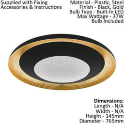 Elegant Black And Gold Flush Ceiling Light With Granille Led Shade