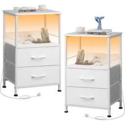 2Pcs Modern Led Bedside Table 2 Drawers Cabinet W/ Charging Station Nightstand - thumbnail 1