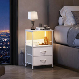 2Pcs Modern Led Bedside Table 2 Drawers Cabinet W/ Charging Station Nightstand - thumbnail 4