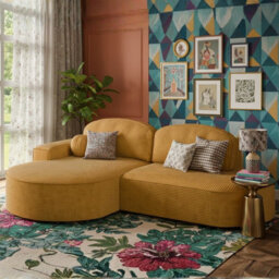 Corner Sofa Parma Pro Ball Has Sleep Function Stripy Fabric Mustard Left Side