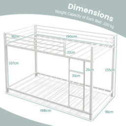Costway 155 Cm Metal Bunk Bed Single Over Single Bunk Beds With Ladder-White - thumbnail 3