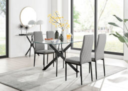 Furniturebox Leonardo 4 Seater Rectangular Glass Dining Table With Silver Metal Legs & 4 Grey Milan Faux Leather Black Leg Chairs