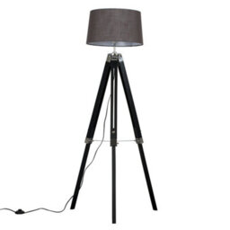 Valuelights Clipper Modern Black Wood And Silver Chrome Tripod Floor Lamp With Grey Shade