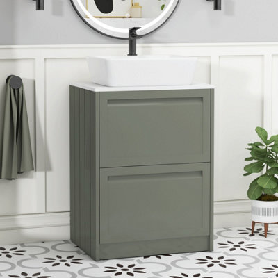 Royal Bathrooms Royal Bathroom Elmore 600mm Matt Green Freestanding Bathroom Vanity Unit 2 Drawer Plain White Worktop With Cube Basin - image 1