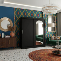 Selfie 180Cm Sliding Wardrobe 2 Door With Mirror Modern Bedroom And Living Room Storage Closet 180Cm Width Black With Drawers - thumbnail 2