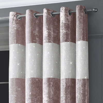 Intimates Diamante Velvet Fully Lined Curtains - Luxury Ring Top Window Drapes - Blush Pink