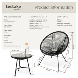 Tectake Garden Table And Chairs Santana - Retro Acapulco Design, Weather-Resistant, & Safety Glass Tabletop - Black - 1 - thumbnail 6