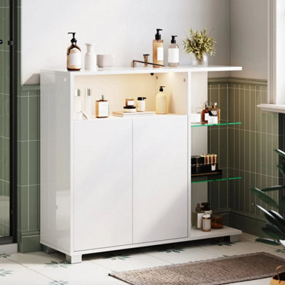 High Gloss Cabinet Freestanding Bathroom Storage Unit With Led Light Cupboards - image 1