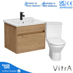 Vitra 600mm Wall Hung Bathroom Vanity Unit With 1 Drawer Includes Basin, Black Tap And Close Coupled Toilet Set - Golden Oak