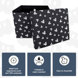 Disney Classic Mickey Mouse Foldable Ottoman Storage Box, Square Toy Chest Box With Lid For Kids, Foot Stool - Black - thumbnail 4