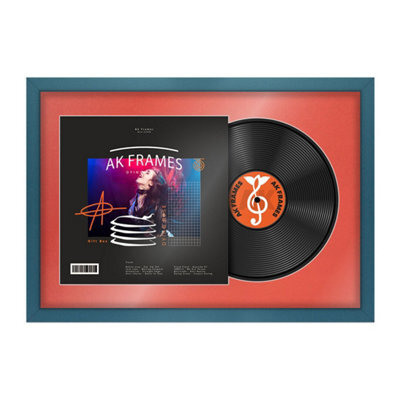 "AK Frames 25X17"" Navy Blue Sleek Vinyl Record Frame With Poppy Red Mount For 12 Inch Lp Cover & Disc - Overlapped Design" - image 1