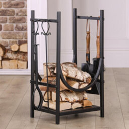 Dibor Contemporary Fireplace Freestanding Black Firewood Log Holder, Log Storage Rack With Companion Tools Set - thumbnail 1