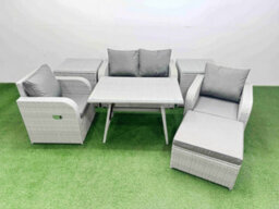 Fimous Light Grey Pe Wicker Rattan Garden Furniture Set Sofa Set  Big Stool 2 Side Tables
