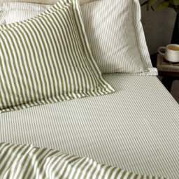 Yard Hebden Striped 100% Cotton Fitted Sheet, Olive, Double - thumbnail 1