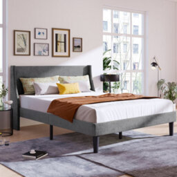 BTM Double Bed Velvet Grey 4Ft6 Upholstered Bed With Winged Headboard, Wood Slat Support