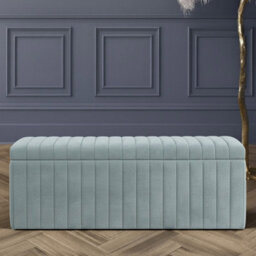 150Cm Wide Lux Ottoman Storage Box, Silver Velvet Upholstered Full Striped Storage Ottoman Box